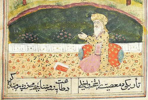 Eighteenth-century manuscript painting of the Pashto poet Rahman Baba seated in a garden