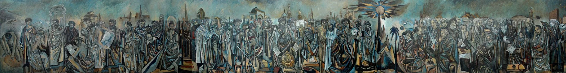 Sadequain’s mural Treasures of Time: a 61-foot procession of scholars and thinkers through history, with books, instruments, domes and minarets